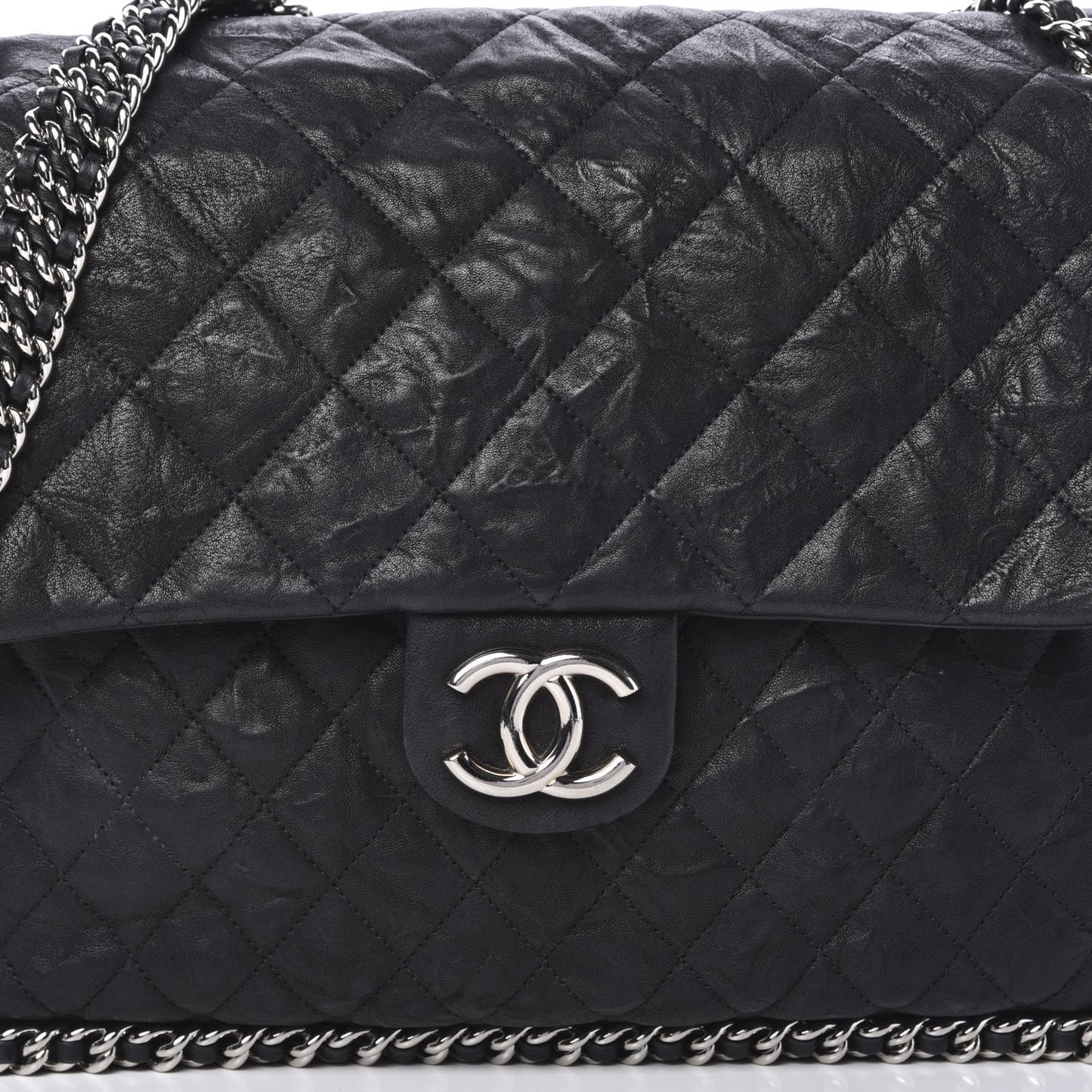 Washed Lambskin Quilted Maxi Chain Around Flap Black
