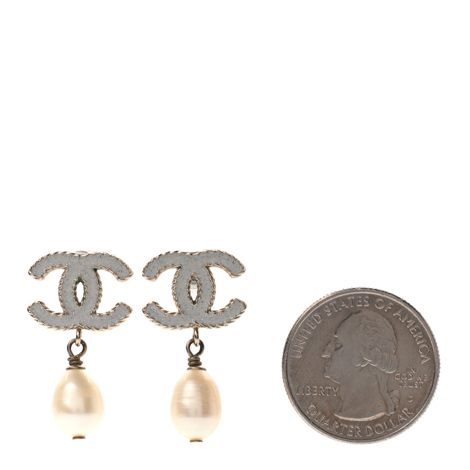Chanel Pearl Glitter Enamel CC Drop Earrings Gold White 2 of 4