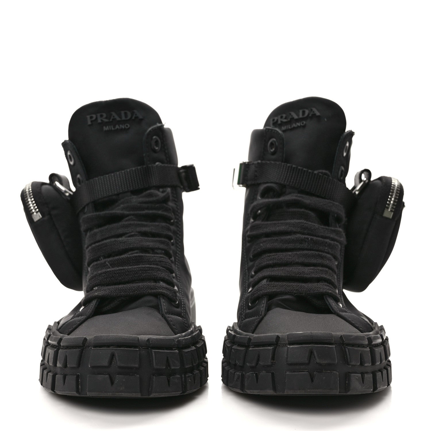 Prada Re-Nylon Gabardine Metal Triangle Logo Wheel Pouch Pocket High Top Sneakers 37.5 Black 2 of 10