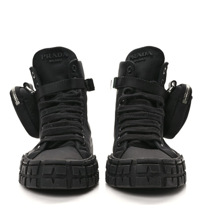 Prada Re-Nylon Gabardine Metal Triangle Logo Wheel Pouch Pocket High Top Sneakers 37.5 Black 2 of 10