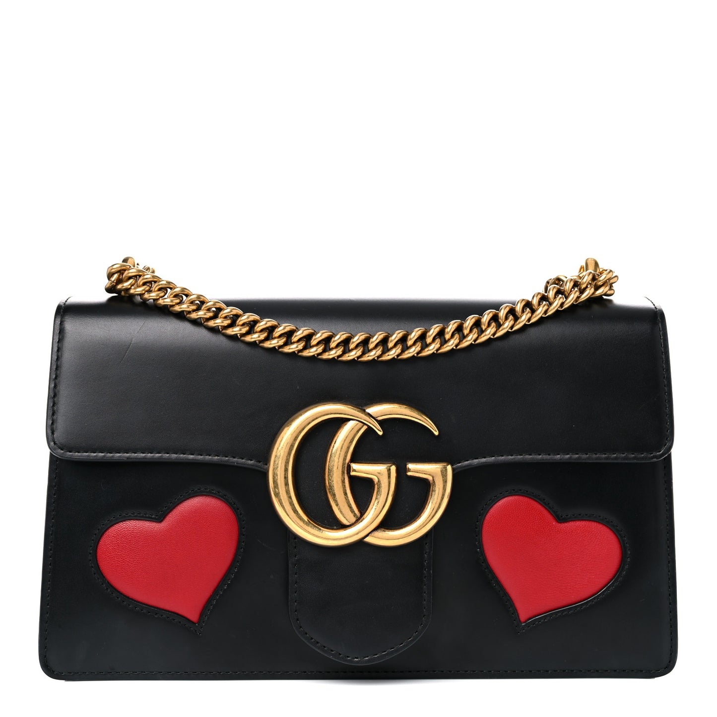 Knight Calfskin Malaga Kid Heart Medium GG Marmont Chain Handle Bag Black Hibiscus Red Multicolor