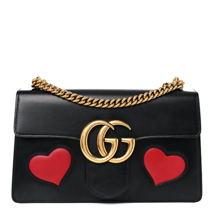 Gucci Knight Calfskin Malaga Kid Heart Medium GG Marmont Chain Handle Bag Black Hibiscus Red Multicolor 1 of 14