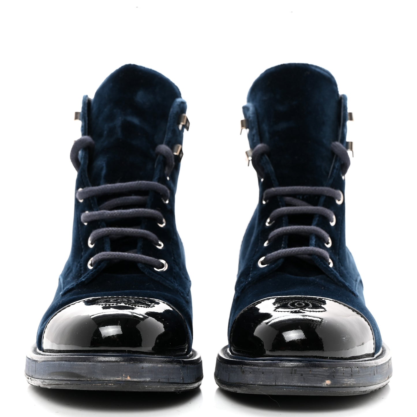 Velvet Patent Calfskin Lace Up Combat Boots 39.5 Blue Black