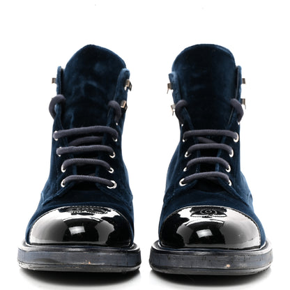 Chanel Velvet Patent Calfskin Lace Up Combat Boots 39.5 Blue Black 2 of 11