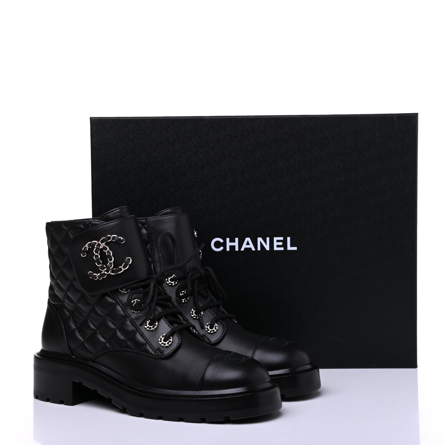 Chanel Shiny Lambskin Quilted Lace Up Combat Boots 39 Black 10 of 10