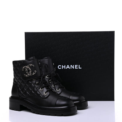 Chanel Shiny Lambskin Quilted Lace Up Combat Boots 39 Black 10 of 10