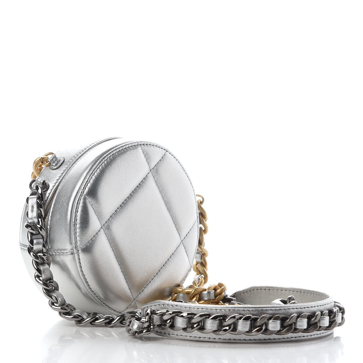 Metallic Lambskin Quilted Chanel 19 Round Clutch With Chain Silver