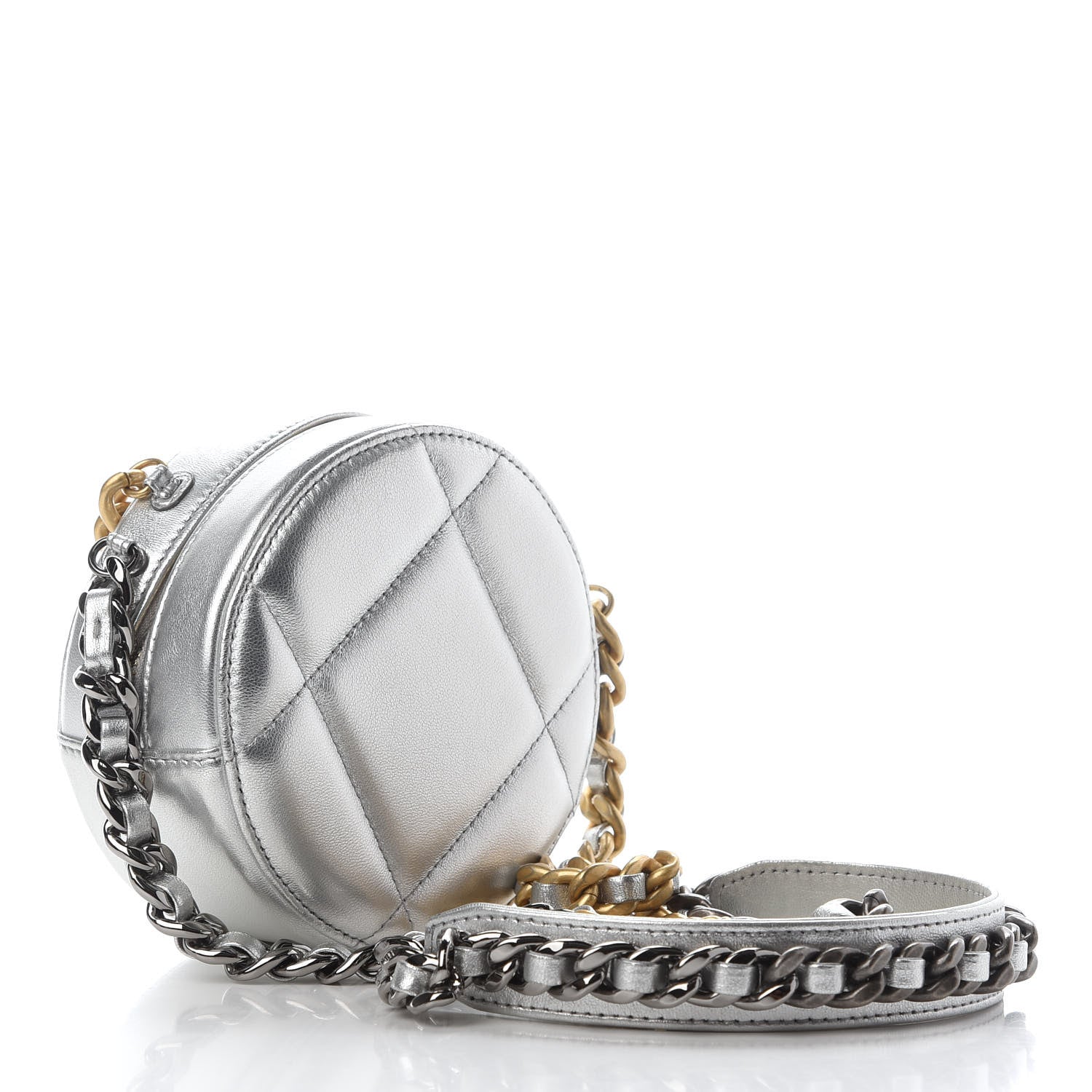 Chanel Metallic Lambskin Quilted Chanel 19 Round Clutch With Chain Silver 3 of 9