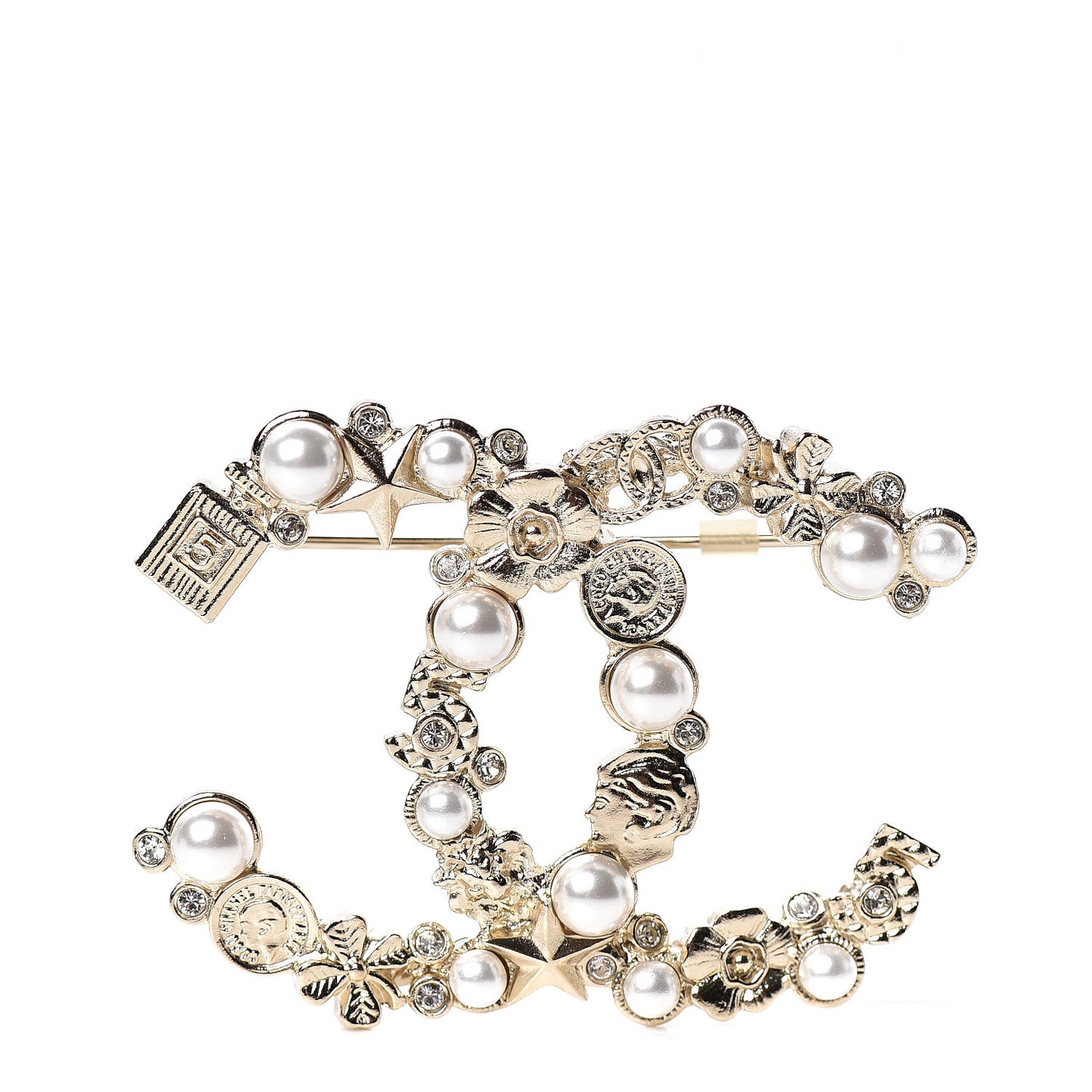 Crystal Pearl CC Charms Brooch Gold