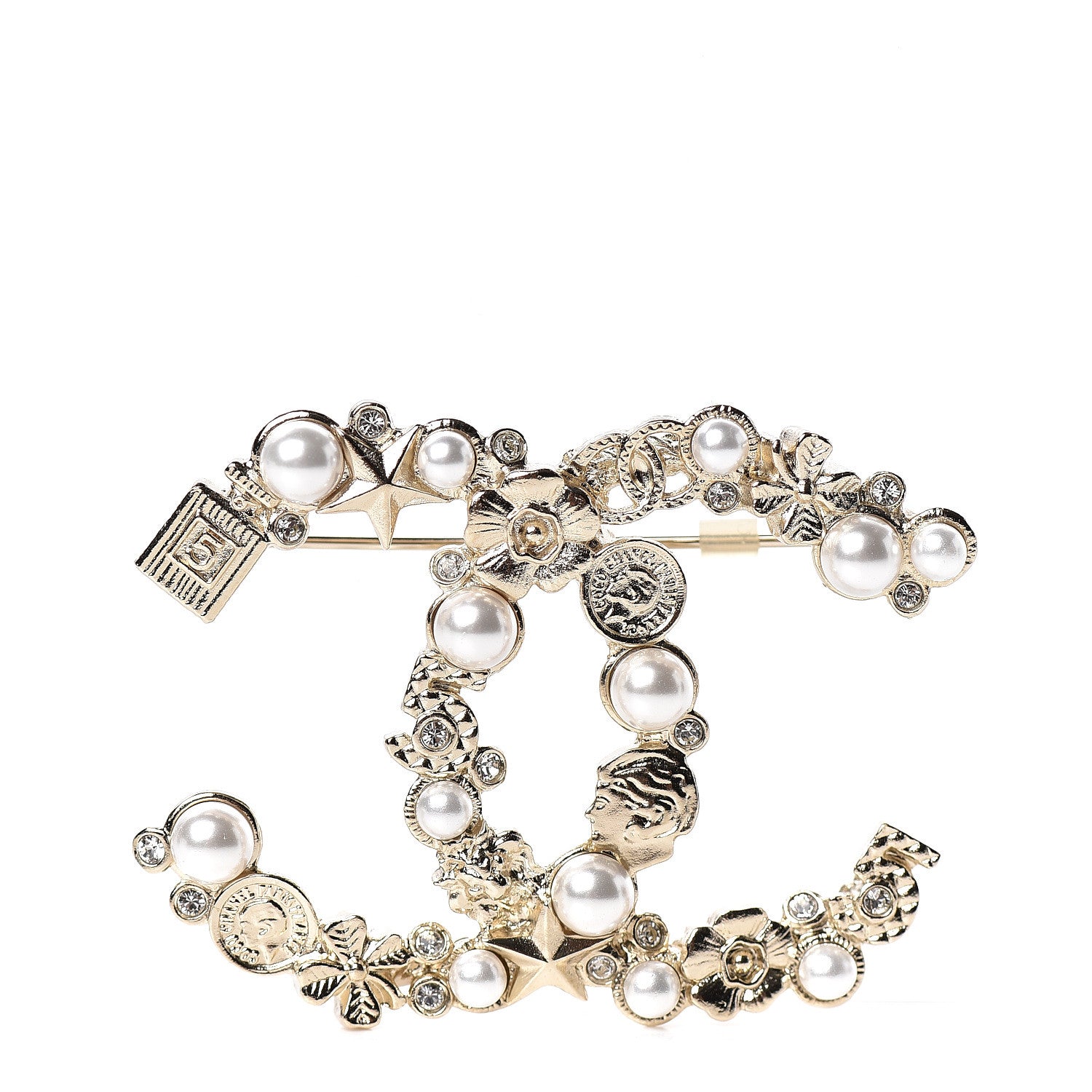 Chanel Crystal Pearl CC Charms Brooch Gold 1 of 5