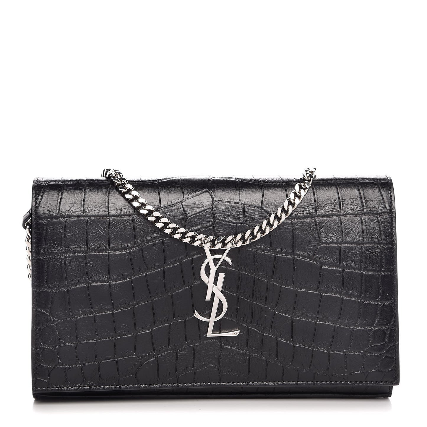 Calfskin Crocodile Embossed Monogram Chain Wallet Black