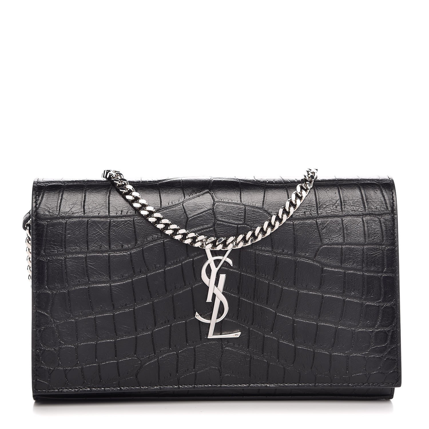 Saint Laurent Calfskin Crocodile Embossed Monogram Chain Wallet Black 1 of 7