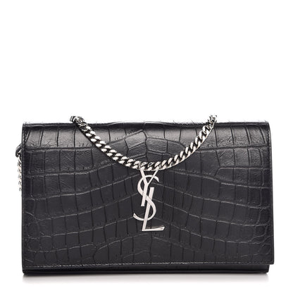 Saint Laurent Calfskin Crocodile Embossed Monogram Chain Wallet Black 1 of 7