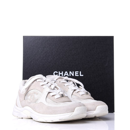 Chanel Suede Calfskin Fabric CC Sneakers 37.5 White Grey 11 of 11