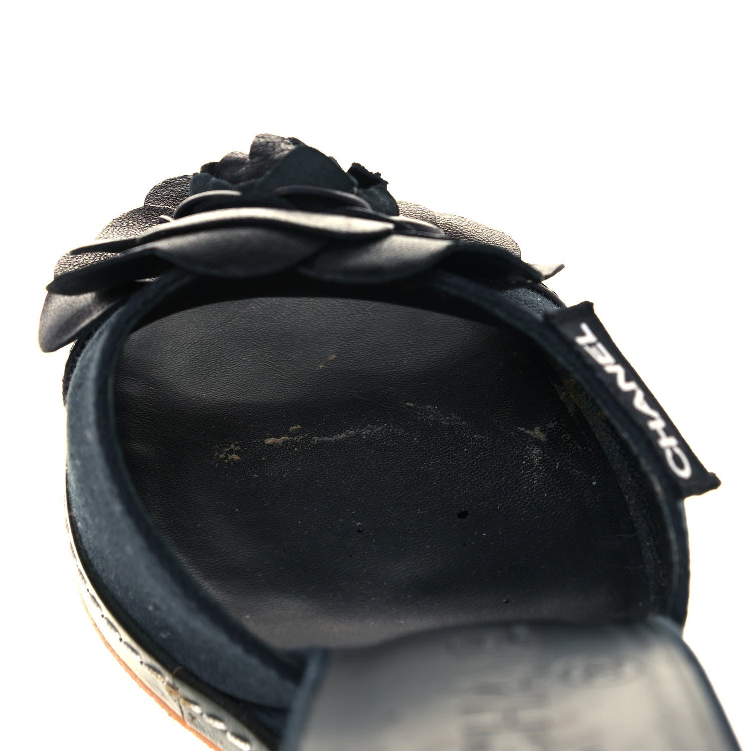 Chanel Canvas Camellia Wedge Sandals 38.5 Navy 9 of 10