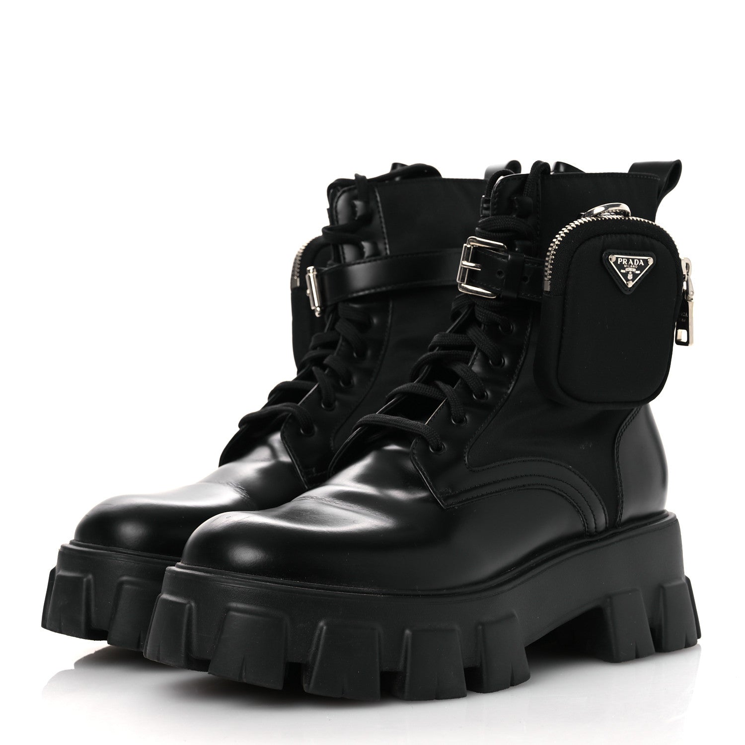 Prada Spazzolato Rois Nylon Metal Triangle Logo Monolith Pouch Pocket 55mm Boots 41 Black 4 of 14