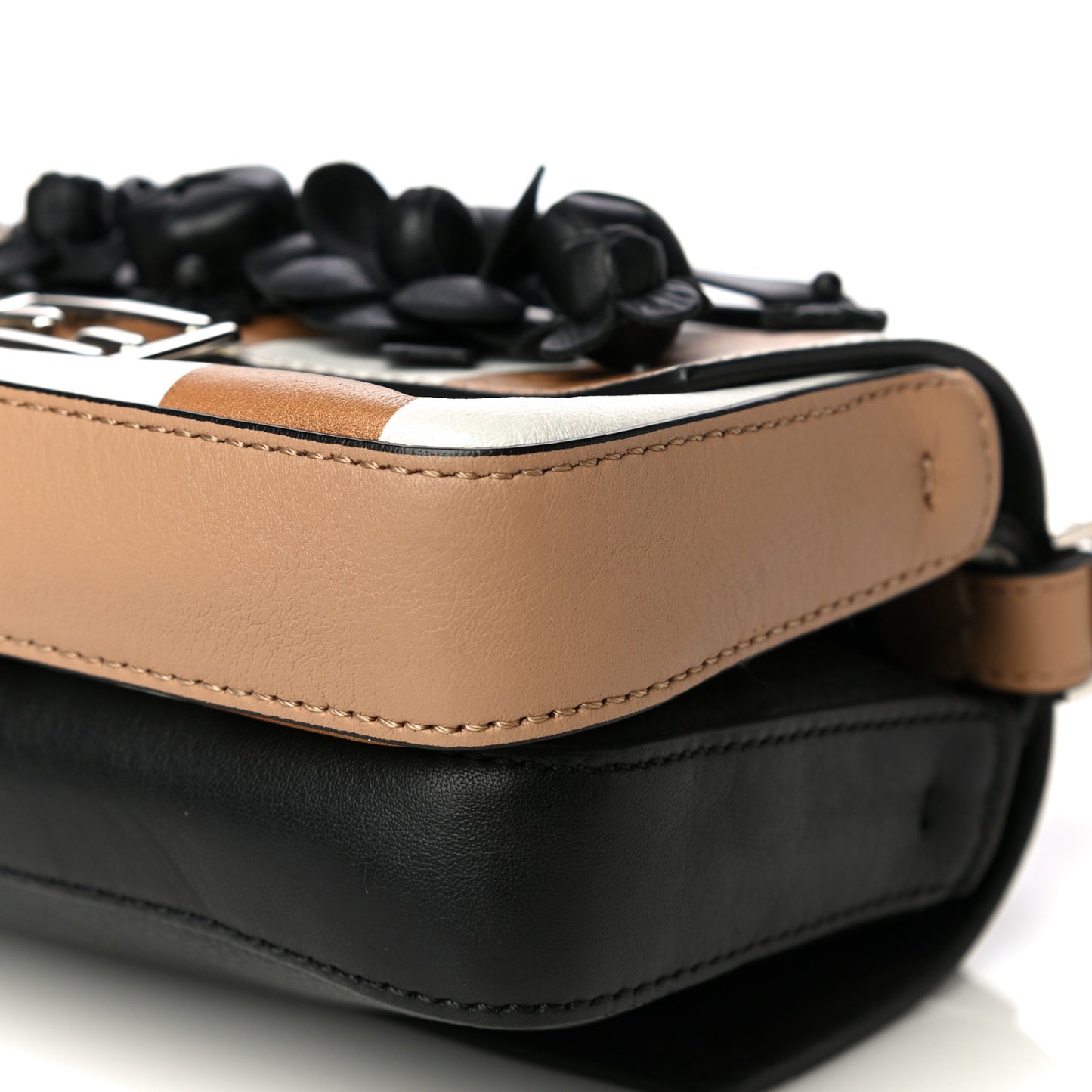 Calfskin Striped Flowerland Bow Micro Double Baguette Brown Black White