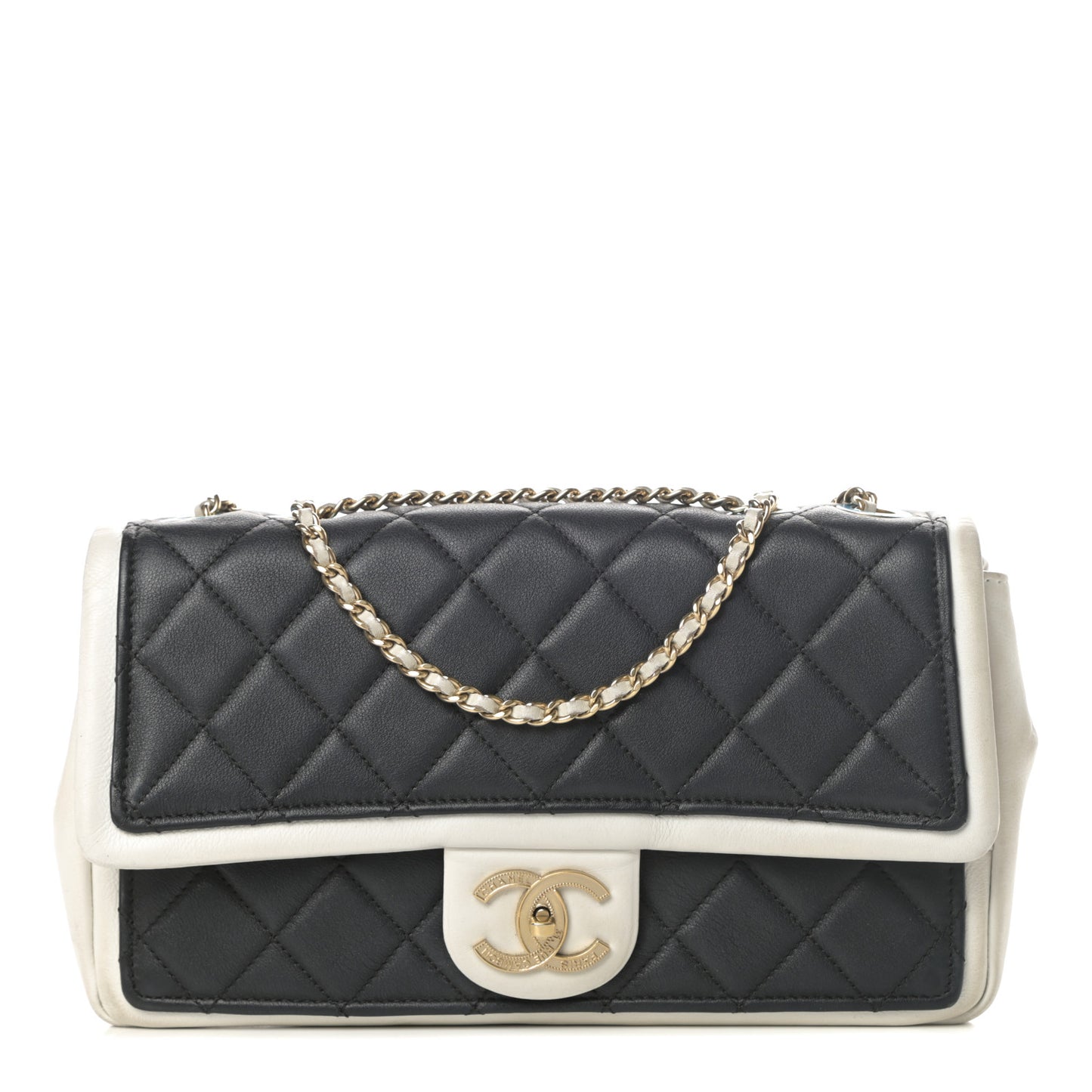Calfskin Quilted Medium Graphic Flap Black White
