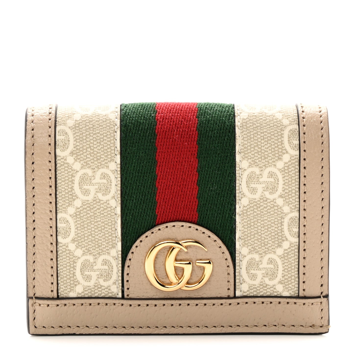 GG Supreme Monogram Textured Dollar Calfskin Web Ophidia Card Case Beige Mystic White Oatmeal