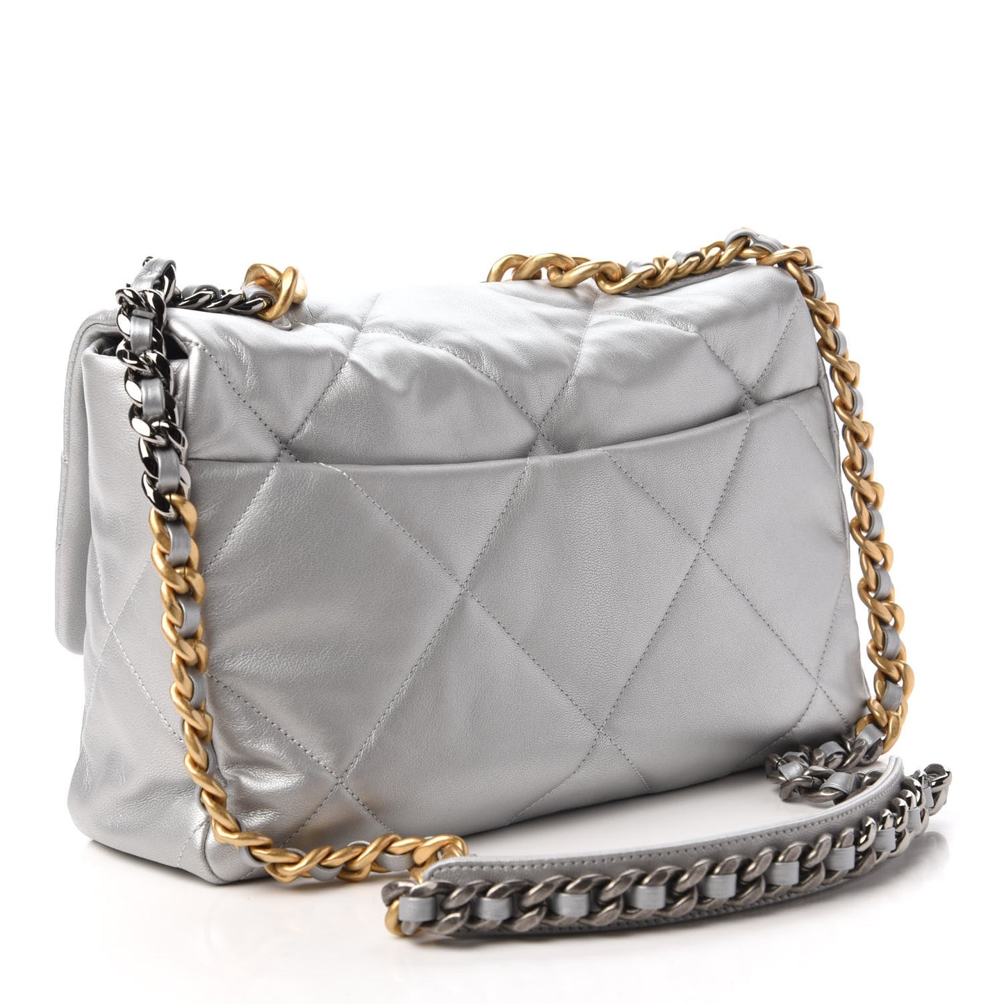 Metallic Goatskin Quilted Large Chanel 19 Flap Silver