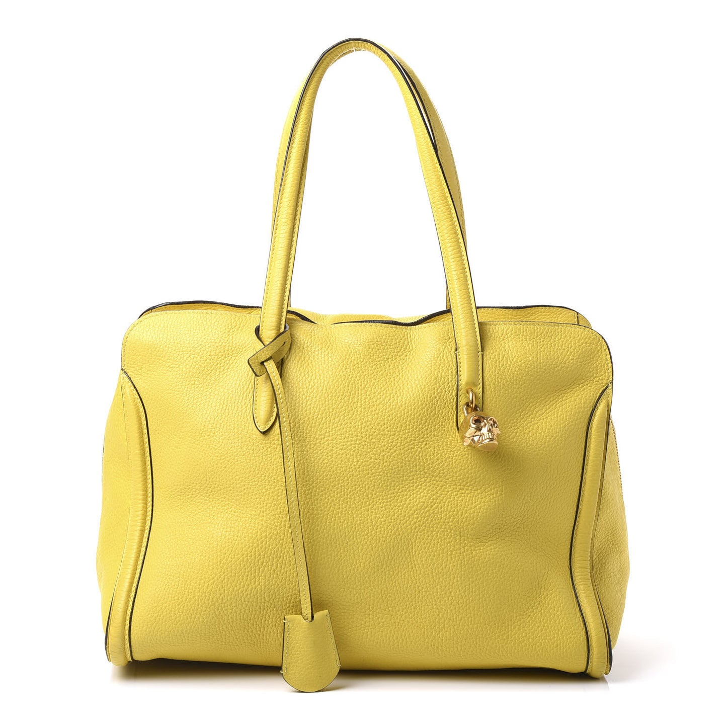 Pebbled Calfskin Large Skull Padlock Zip Around Tote Yellow