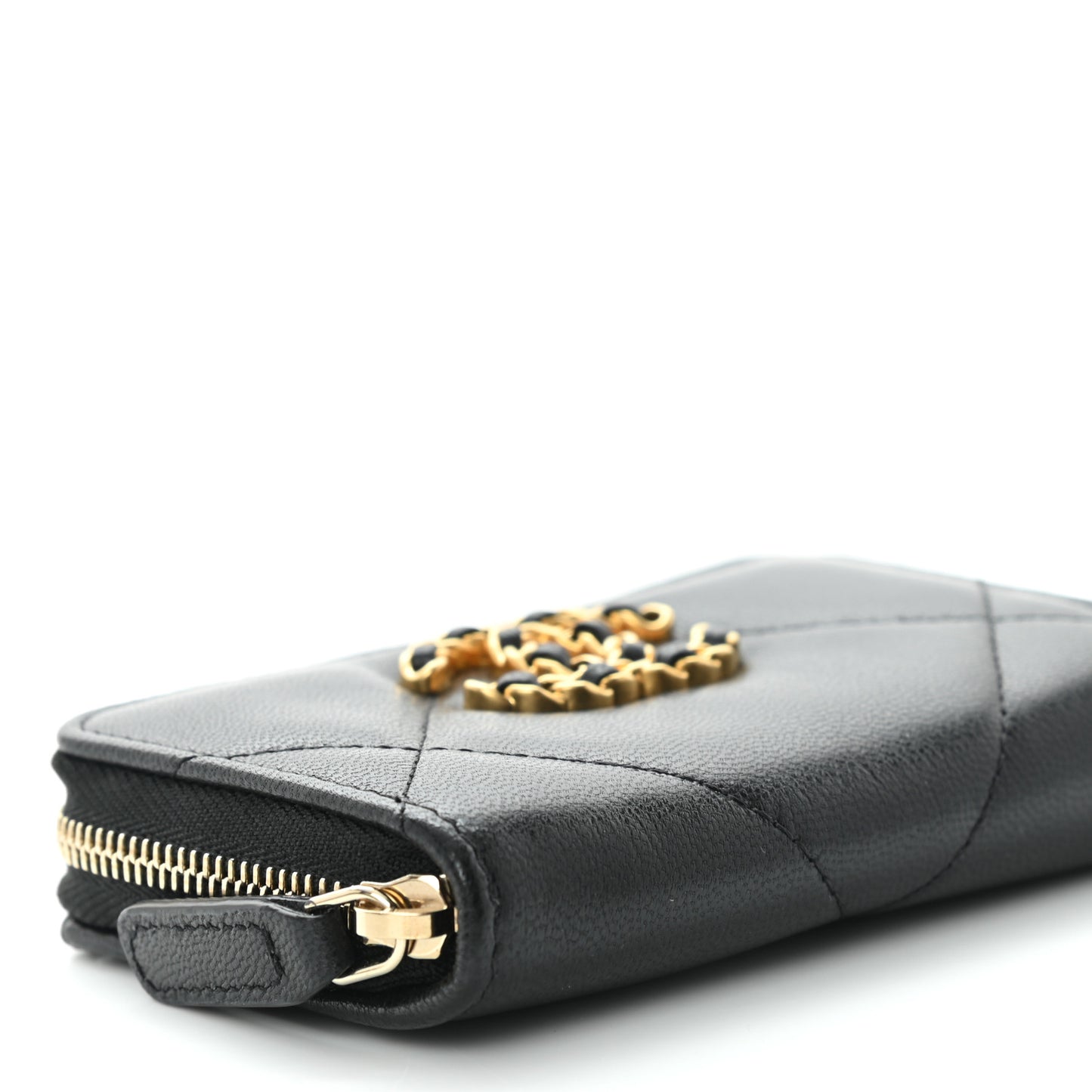 Goatskin Quilted Chanel 19 Zip Around Coin Purse Wallet Black