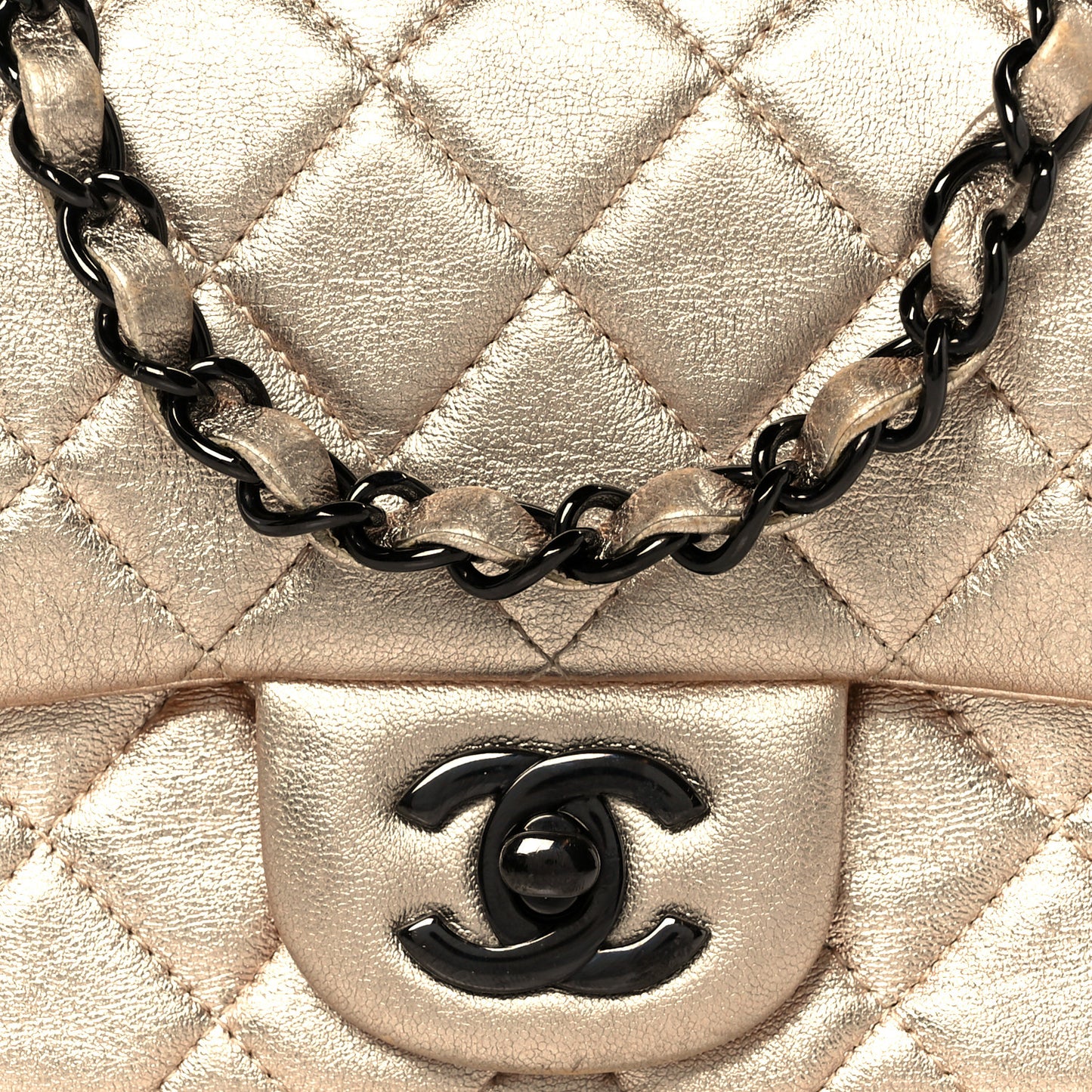 Metallic Lambskin Quilted Mini Square Flap Gold Black