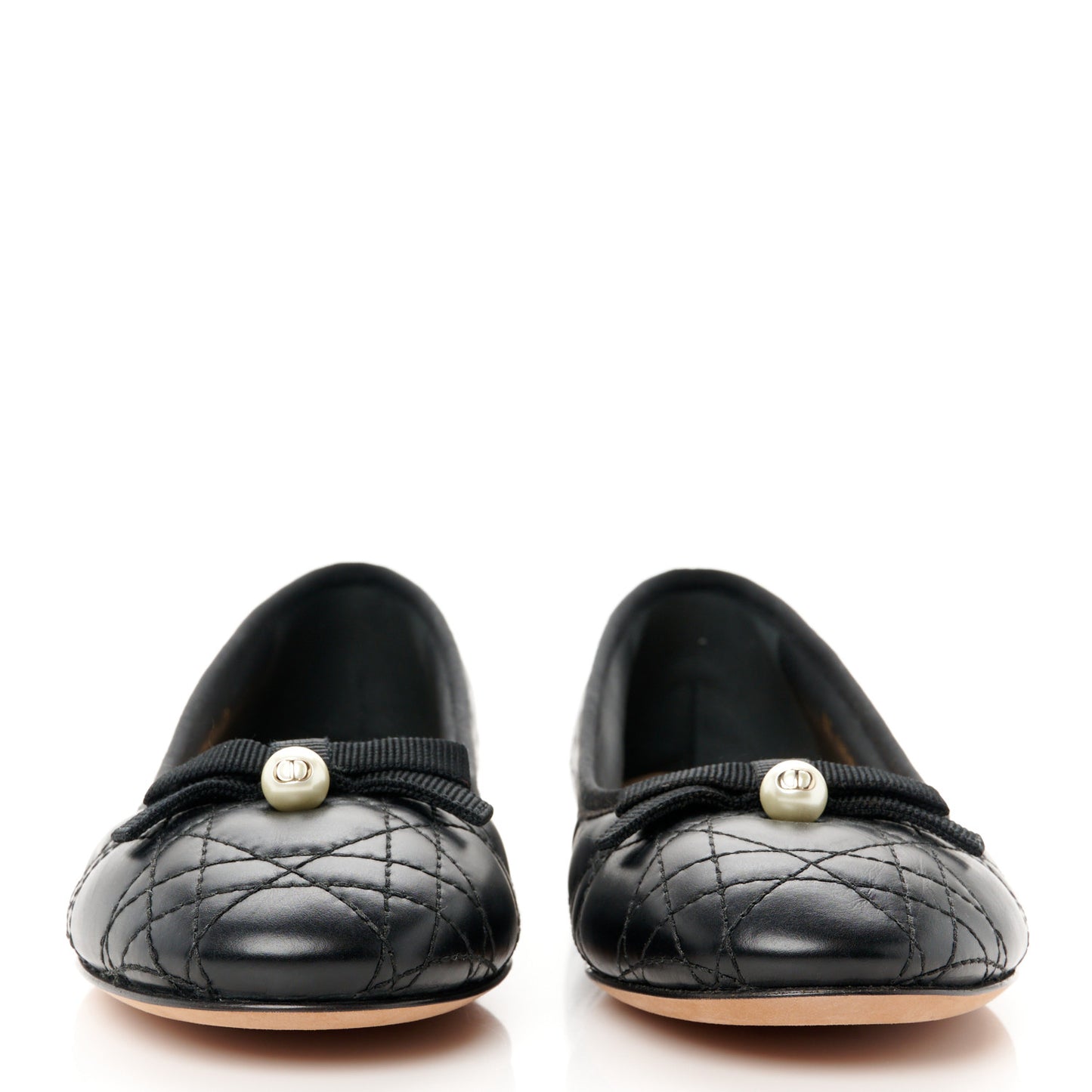 Calfskin Cannage Pearl Bow Ballet Flats 39 Black