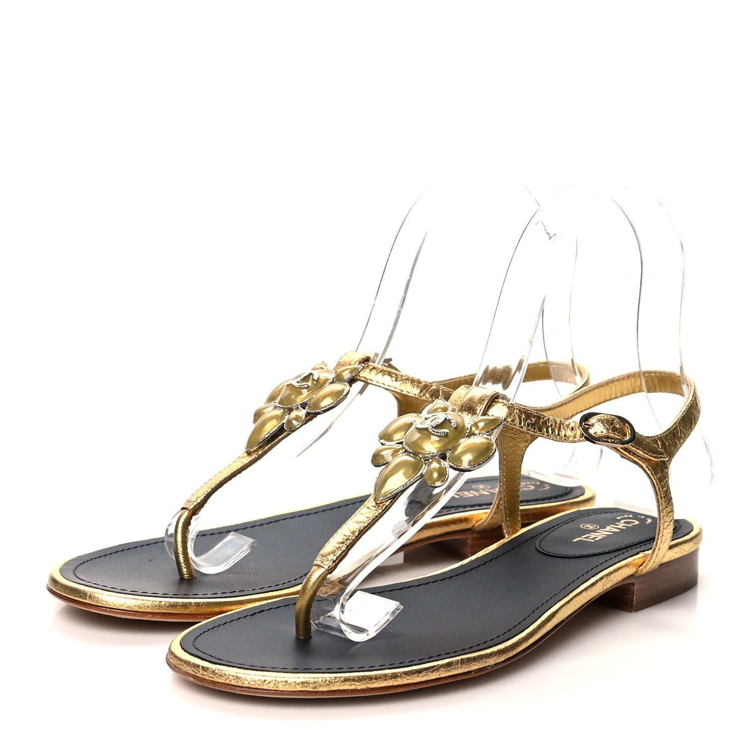 Chanel Metallic Calfskin Enamel Camellia Thong Sandals 36.5 Gold 3 of 7