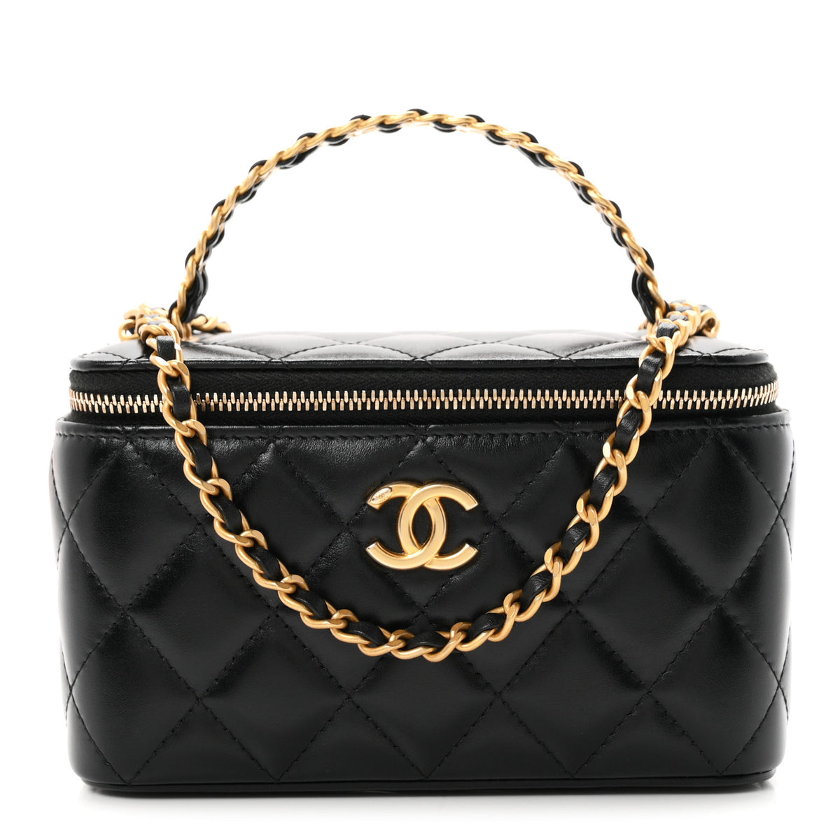 Shiny Calfskin Quilted Small Top Handle Vanity Case With Chain Black
