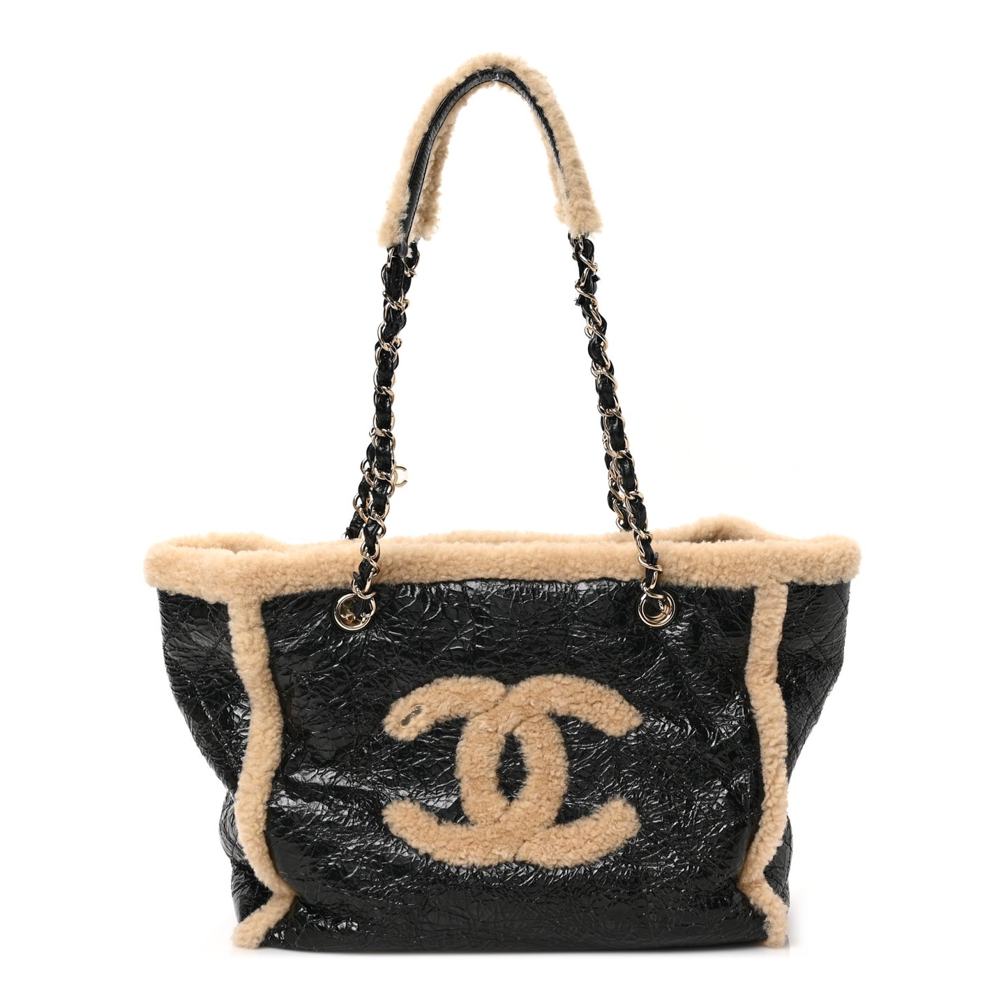 Shiny Crumpled Sheepskin Shearling CC Mania Tote Bag Black Beige