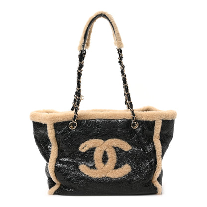 Chanel Shiny Crumpled Sheepskin Shearling CC Mania Tote Bag Black Beige 1 of 9