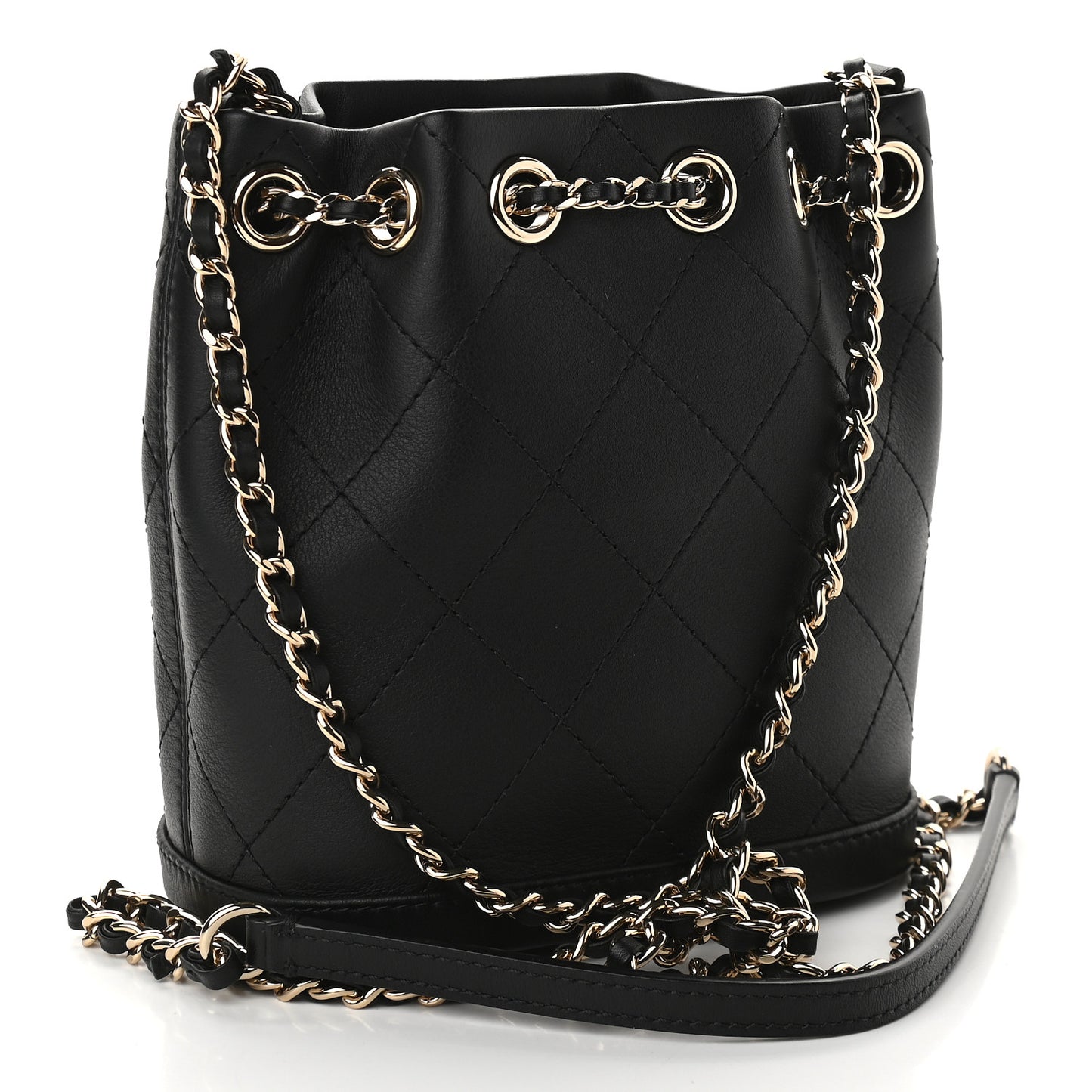 Calfskin Stitched Chain Bucket Bag Black