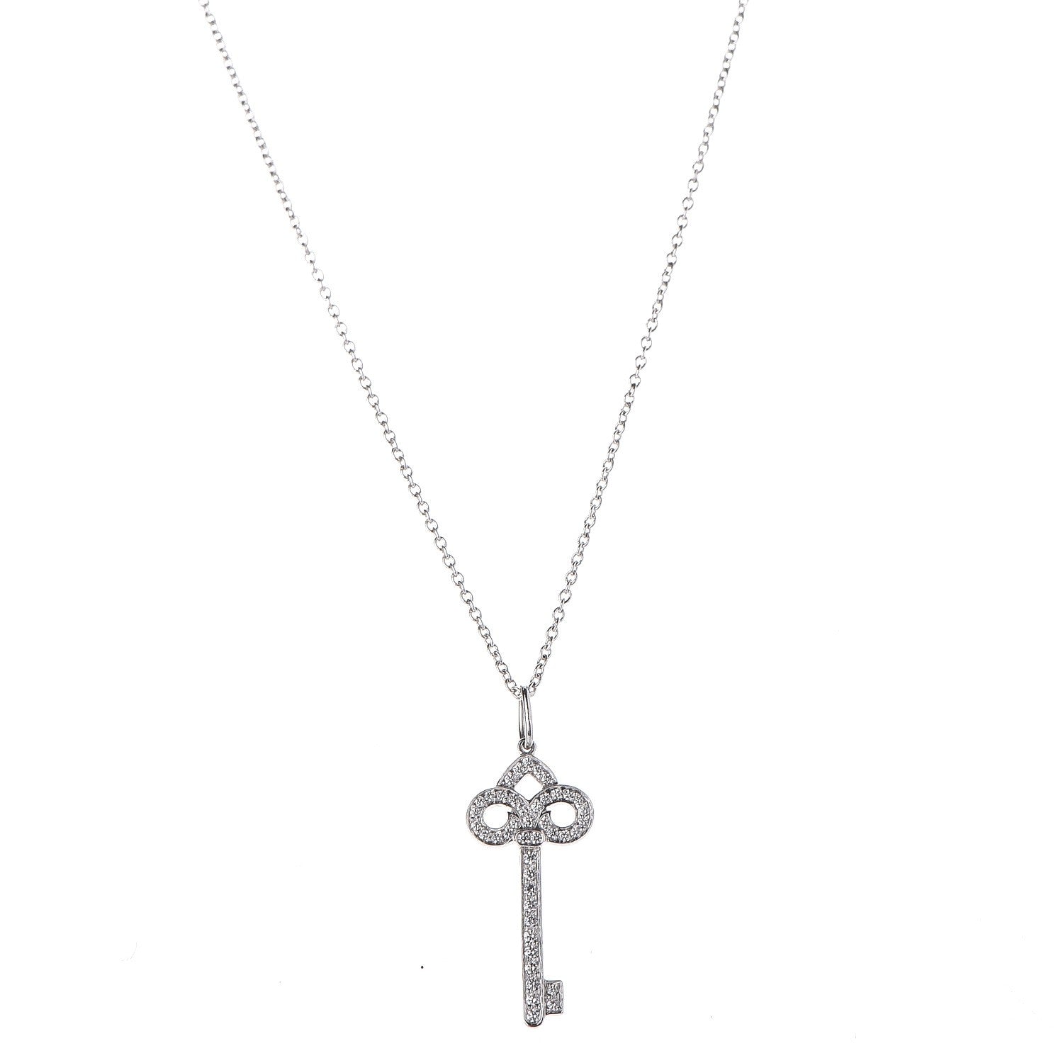 Tiffany Platinum Diamond .12ct Fleur De Lis Key Pendant Necklace 1 of 9