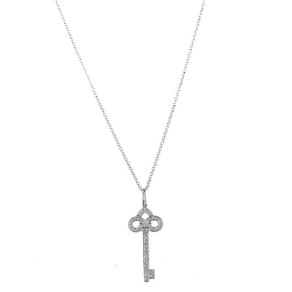 Tiffany Platinum Diamond .12ct Fleur De Lis Key Pendant Necklace 1 of 9