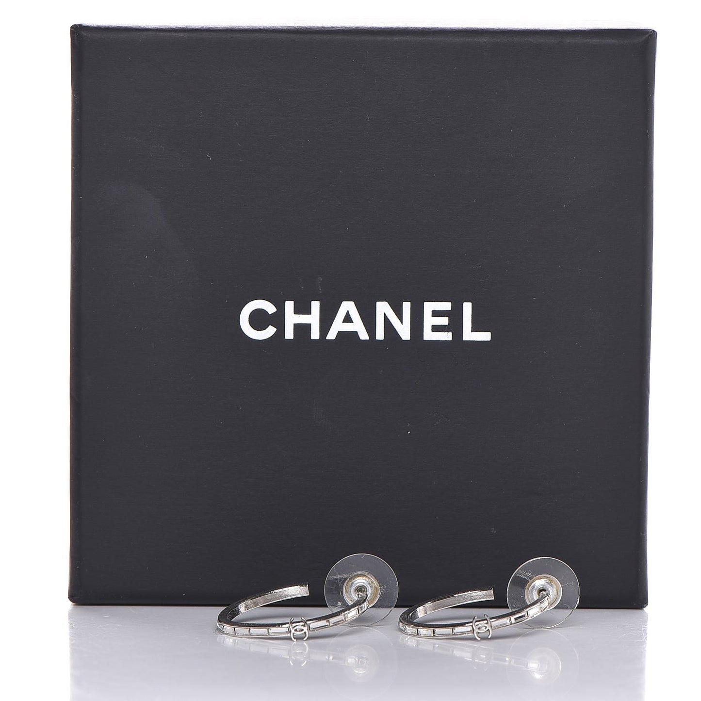 Baguette Crystal CC Hoop Earrings Silver