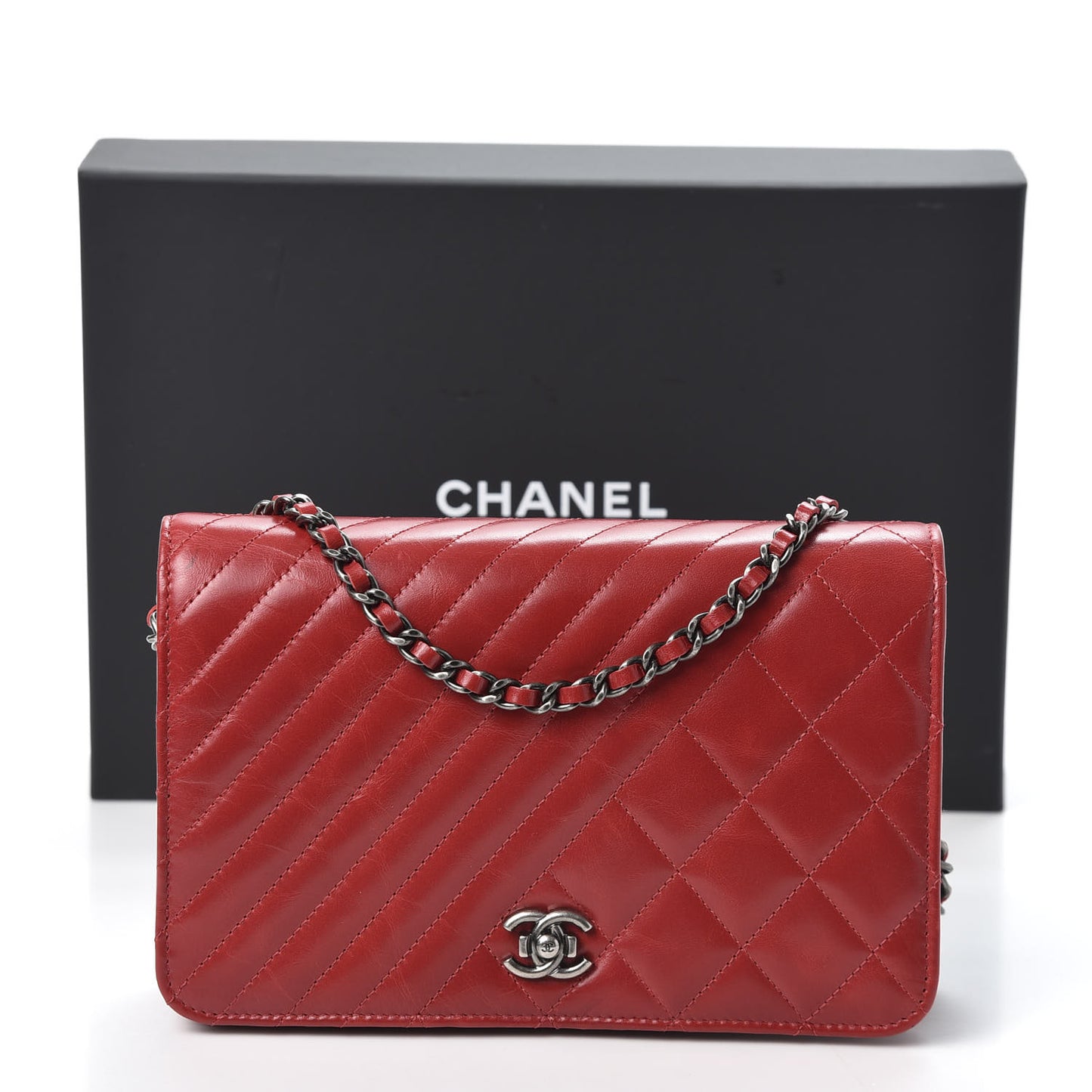 Glazed Calfskin Quilted Coco Boy Wallet On Chain WOC Red