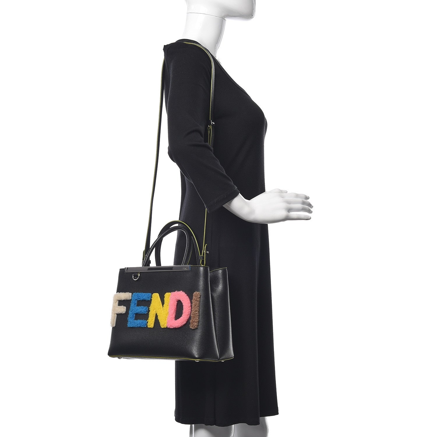Fendi Vitello Elite Shearling Block Letter Petite 2Jours Tote Black 2 of 15