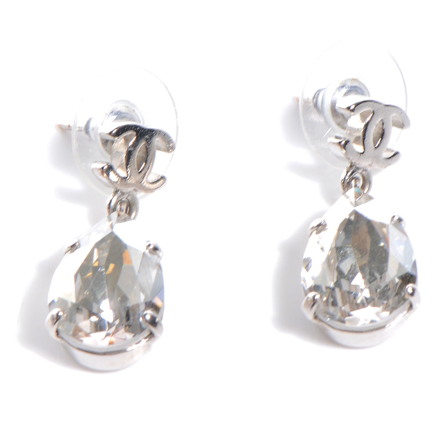 Chanel CC Crystal Teardrop Dangle Earrings Silver 1 of 4