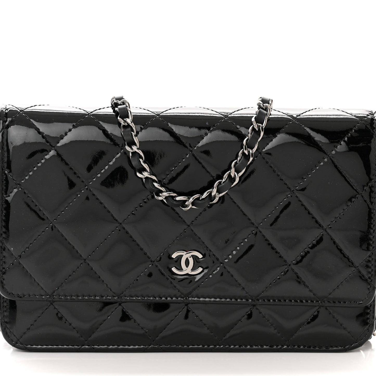 Patent Quilted Wallet On Chain WOC Black