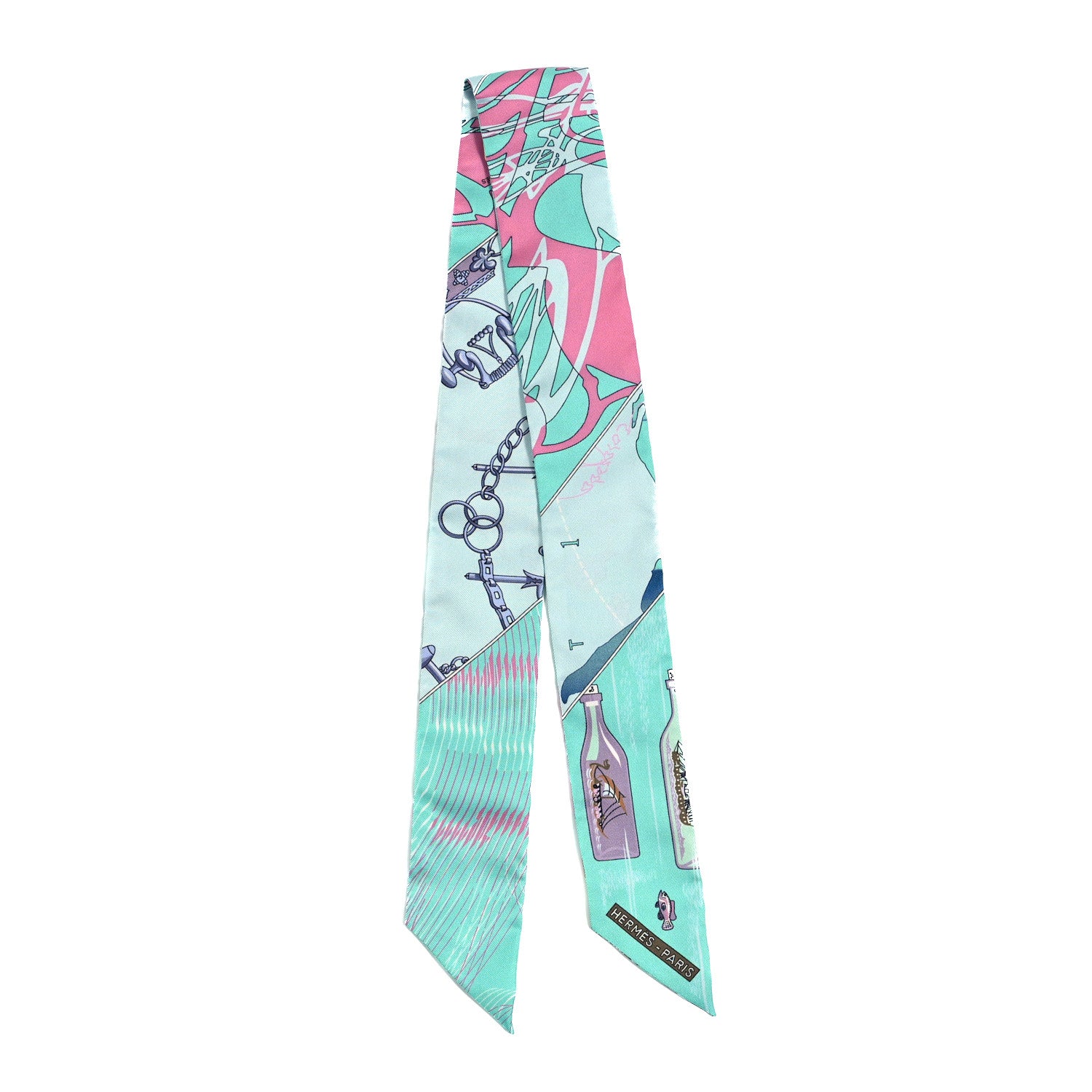 Hermes Silk Caleche Mors Et Bouteilles Twilly Turquoise Rose Ciel 2 of 4