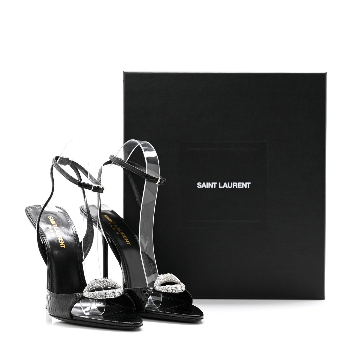 Ayers Snakeskin Embossed Crystal Giqua 115 Sandals 38.5 Black