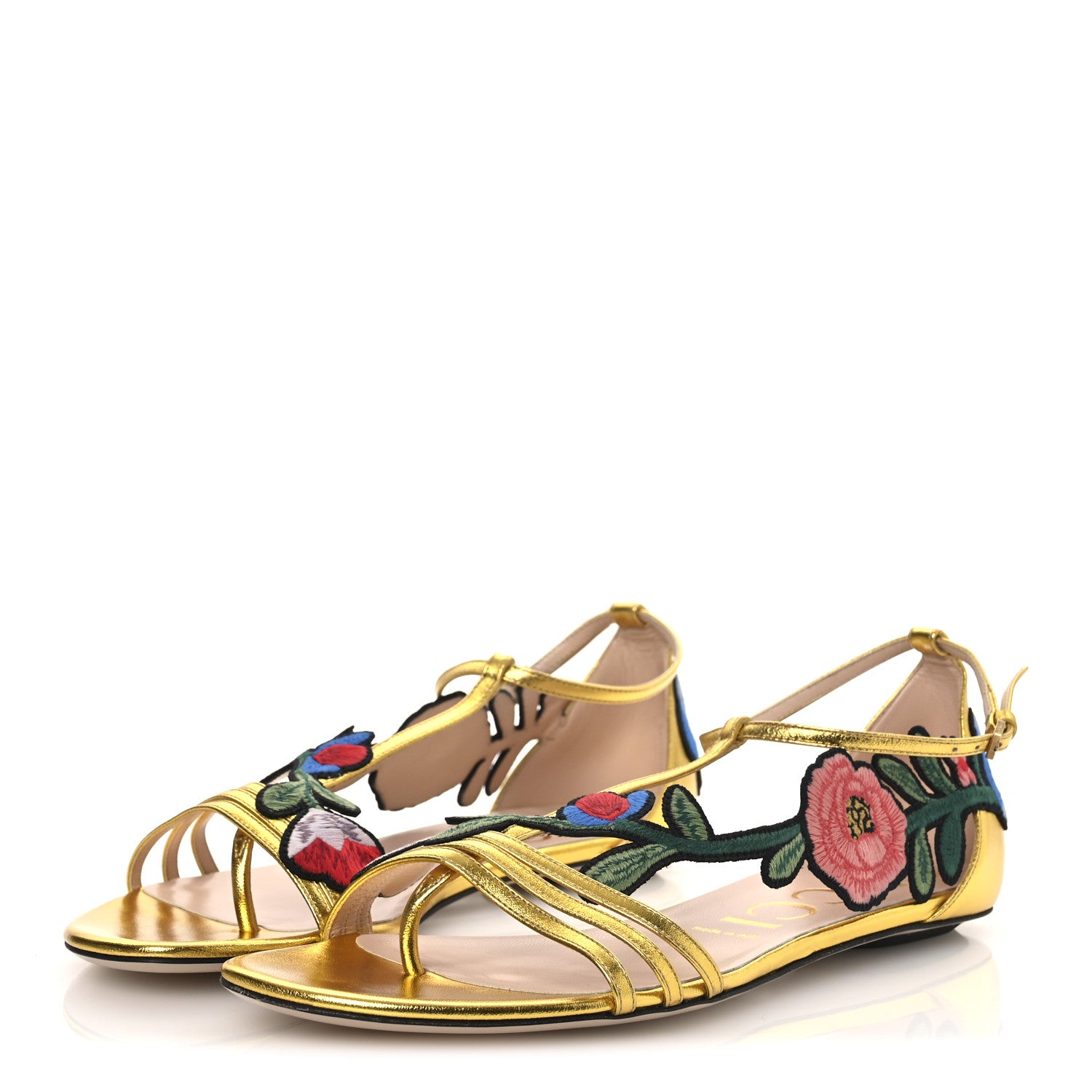 Gucci Metallic Nappa Ophelia T-Strap Flat Sandals 36 Gold 4 of 10