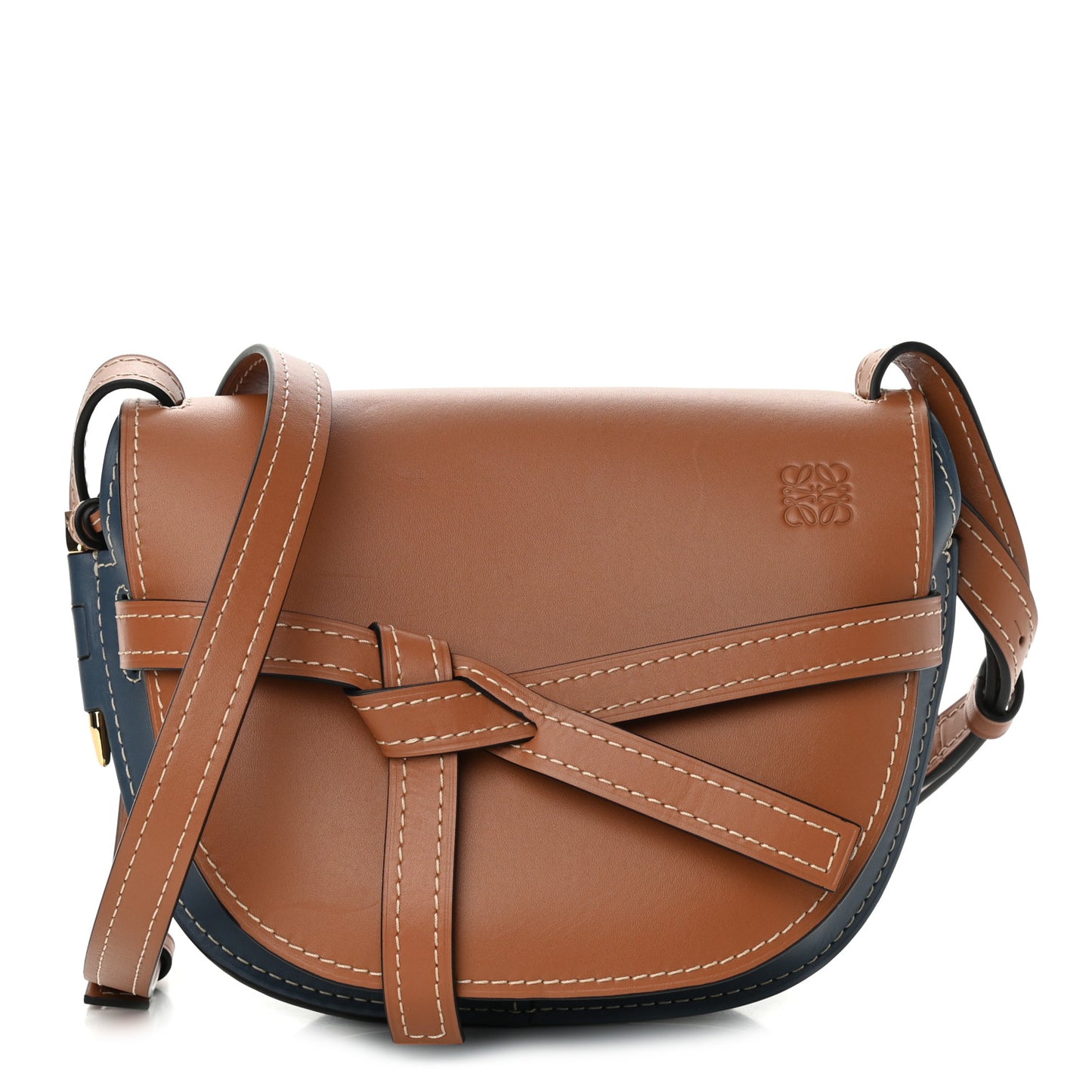Calfskin Small Gate Crossbody Bag Tan Steel Blue