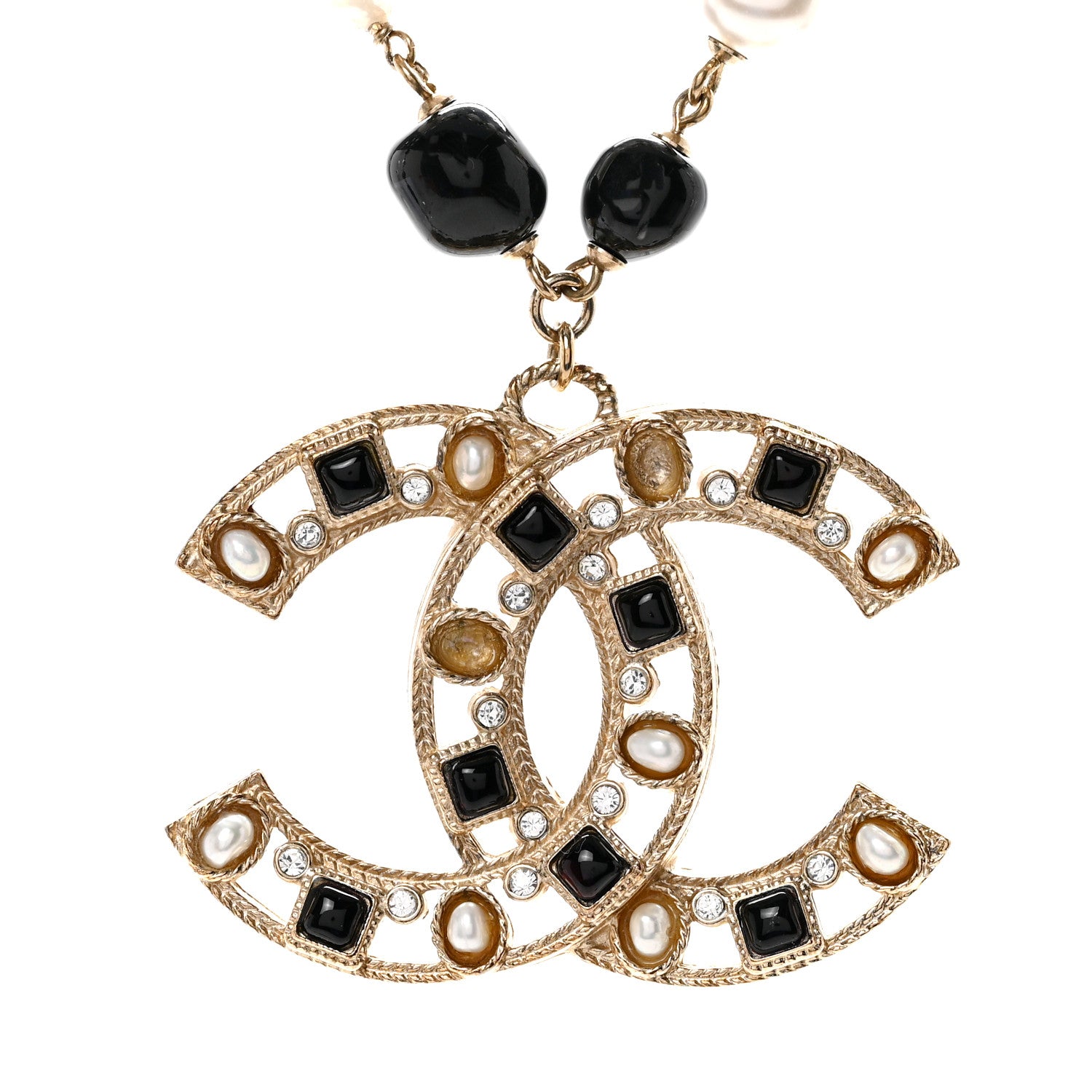 Chanel Pearl Bead Crystal CC Byzantine Necklace Black Gold 4 of 6