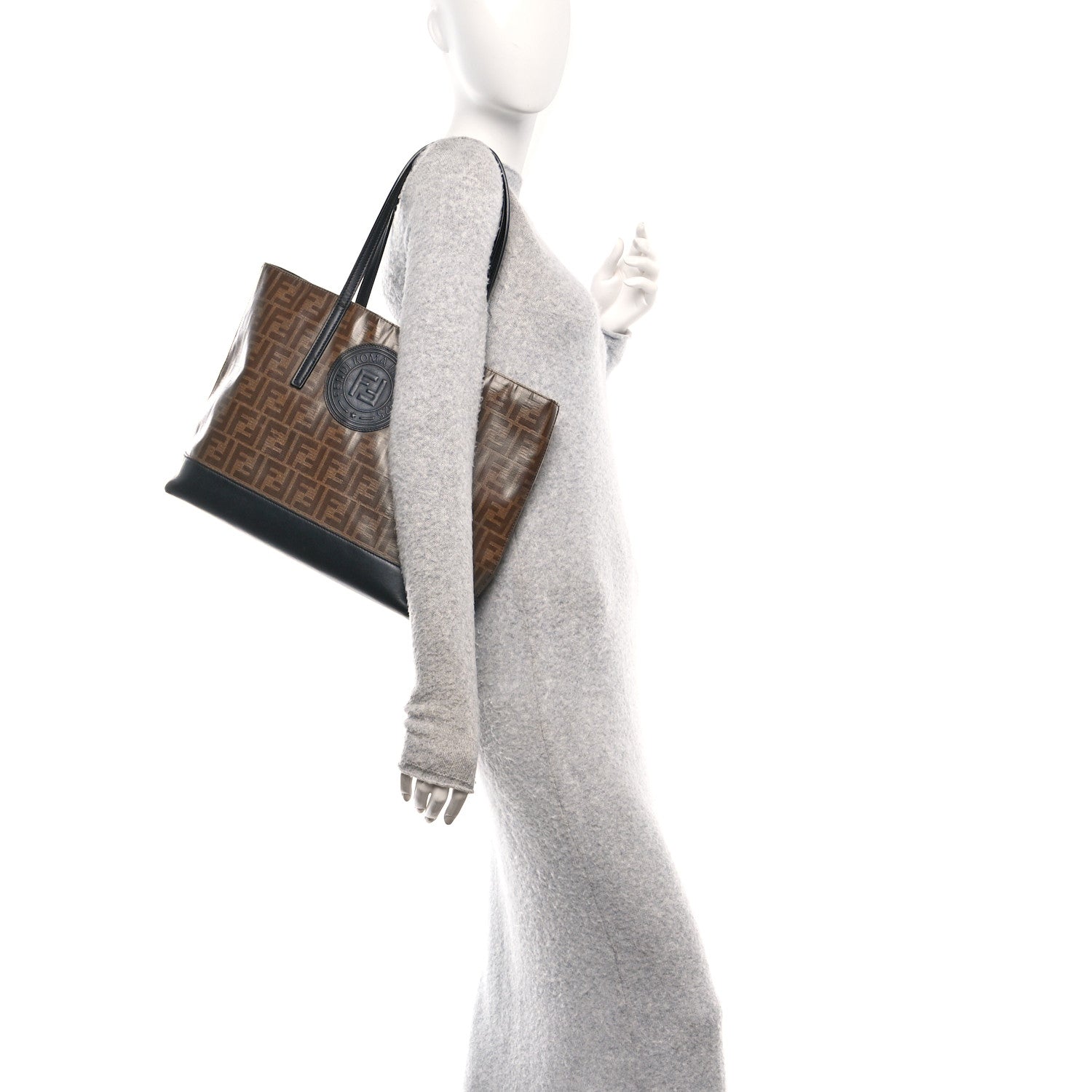 Fendi Glazed Fabric Vitello Century FF 1974 Stamp Patch Shopping Tote Mogano Panna Black 2 of 10