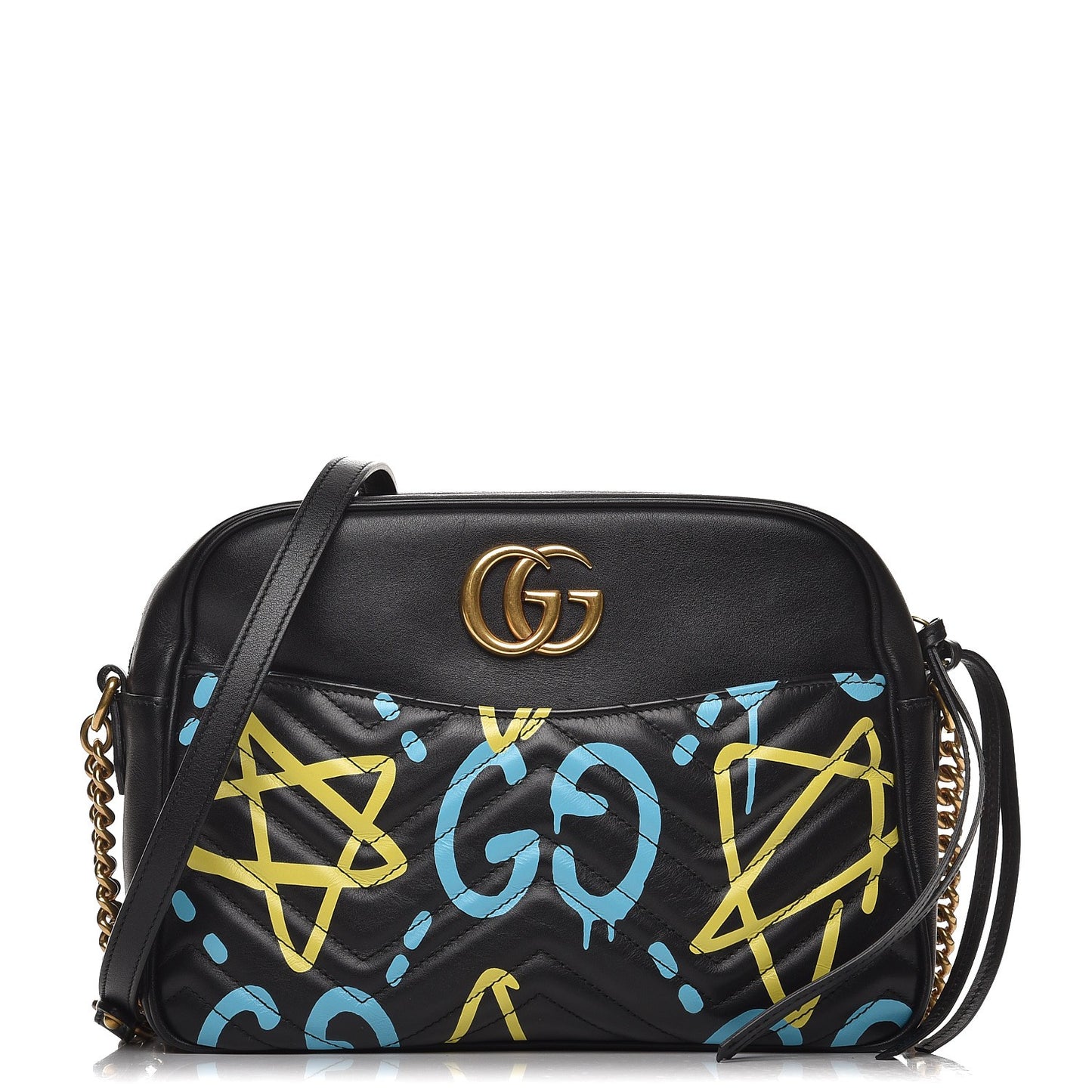 Calfskin Matelasse GucciGhost Medium GG Marmont Chain Shoulder Bag Black New Acquamarine