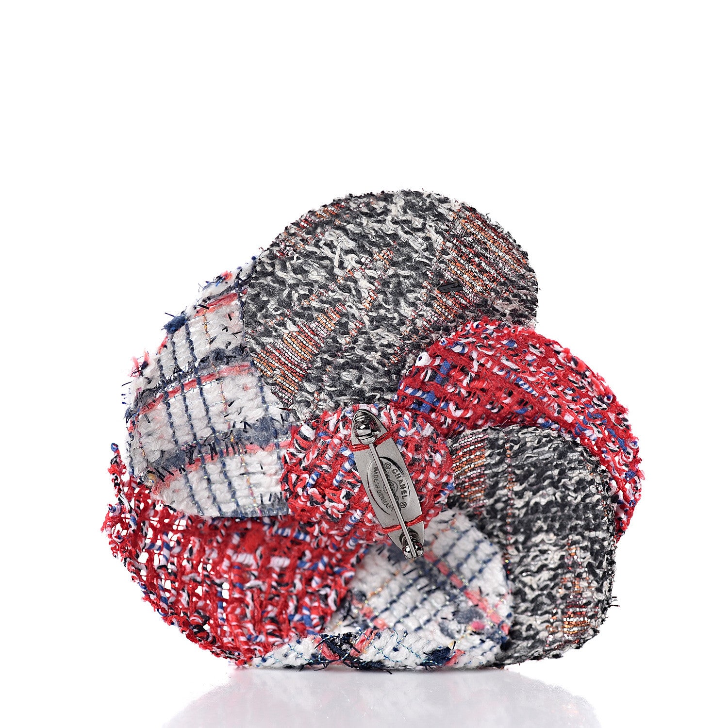 Chanel Tweed Camellia CC Pin Brooch Red Ivory 2 of 3