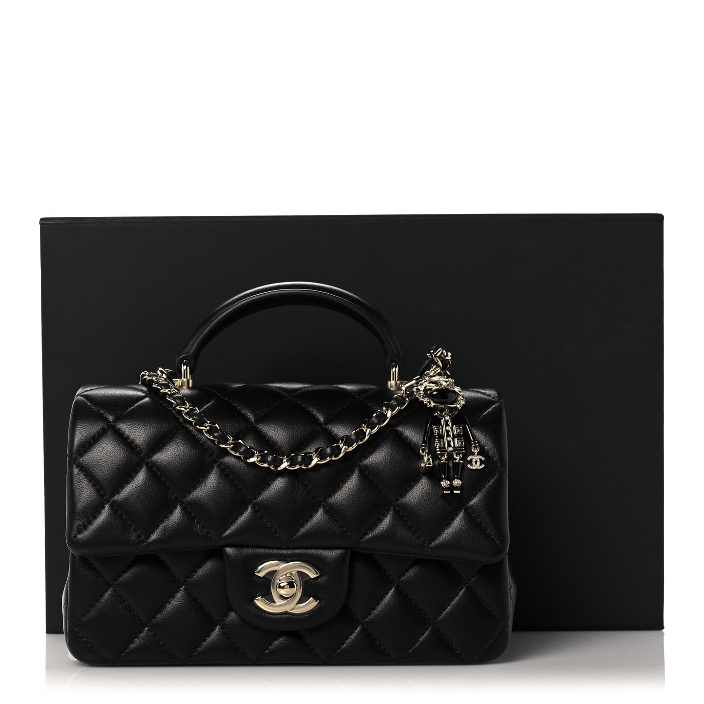 Lambskin Quilted Mini Lion Charm Top Handle Rectangular Flap Black