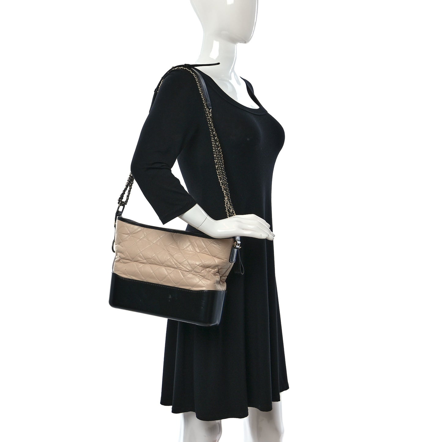 Aged Calfskin Quilted Medium Gabrielle Hobo Beige Black